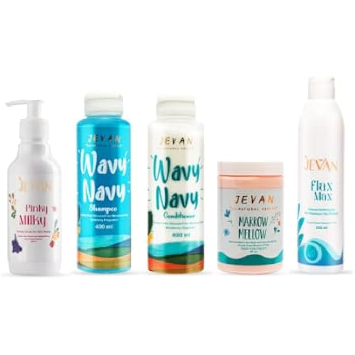JEVAN Dry Hair Sea Styling Set (Pinky Milky Leave-In + Flax Max Hair Gel + Wavy Navy Shampoo + Wavy Navy Conditioner + Marrow Mellow Mask)